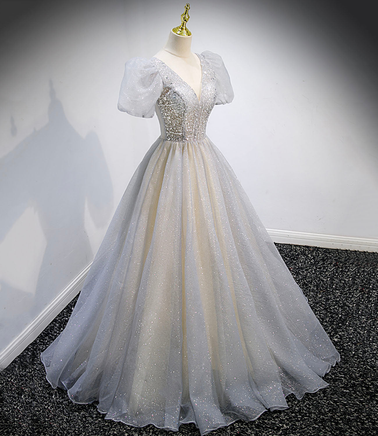 Gray tulle sequins long prom dress gray evening dress  10160
