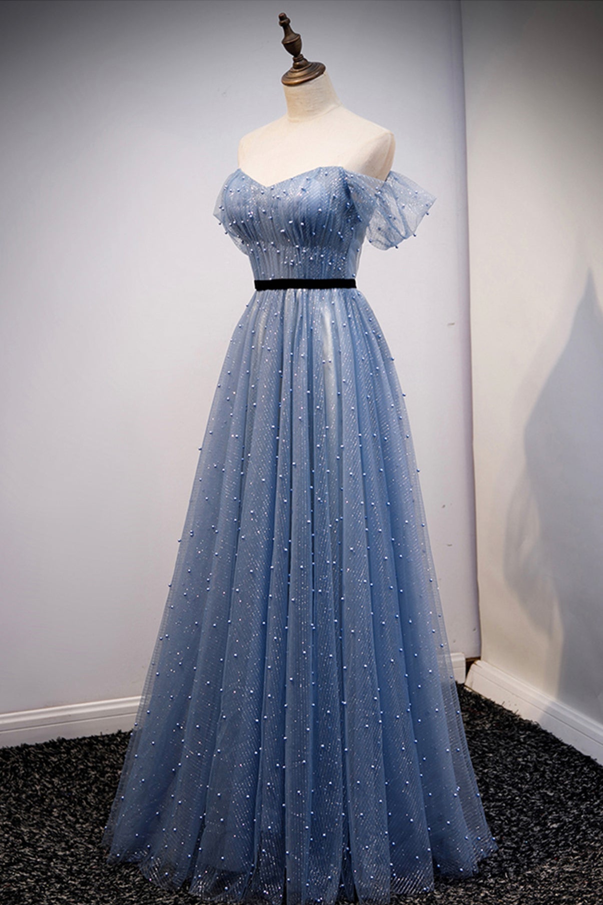 Blue tulle long A line prom dress evening dress  8686