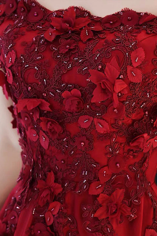 Burgundy satin lace long prom dress A line evening dress  10565