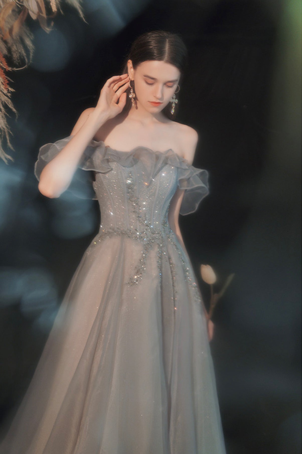Shiny tulle long prom dress A line evening dress  8593