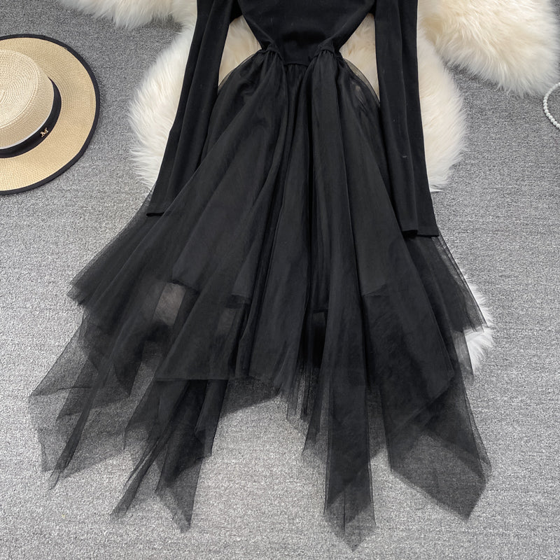 Black Irregular Long Sleeve Off Shoulder Dress Fashion Dress  10872