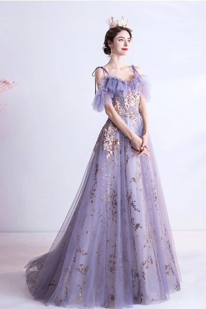 Purple tulle sequins long A line prom dress evening dress  8750