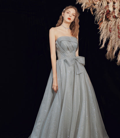 Gray tulle long A line prom dress gray evening dress  8792