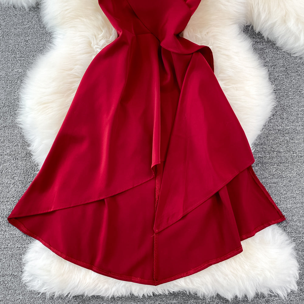 V-neck high waist slim Ruffle sleeveless A-line dress  11029