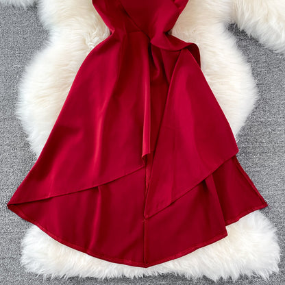 V-neck high waist slim Ruffle sleeveless A-line dress  11029