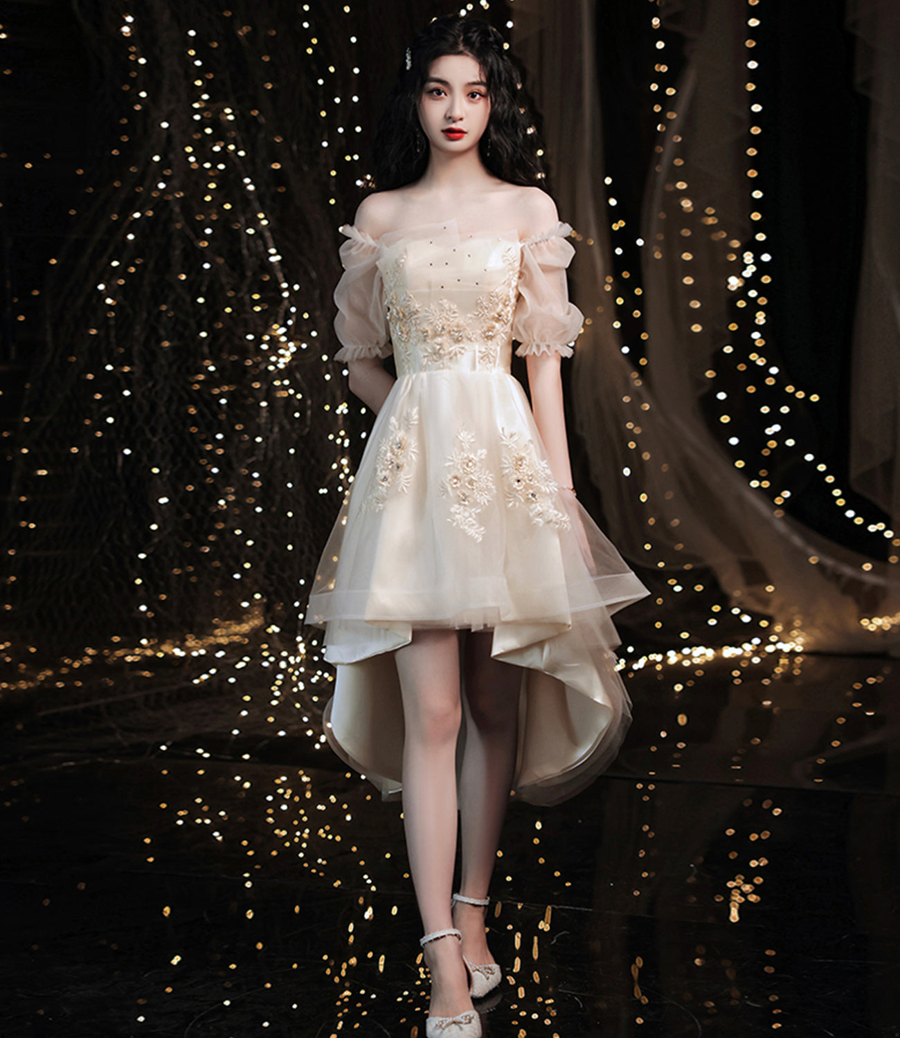 Champagne lace high low prom dress homeciming dress  8911