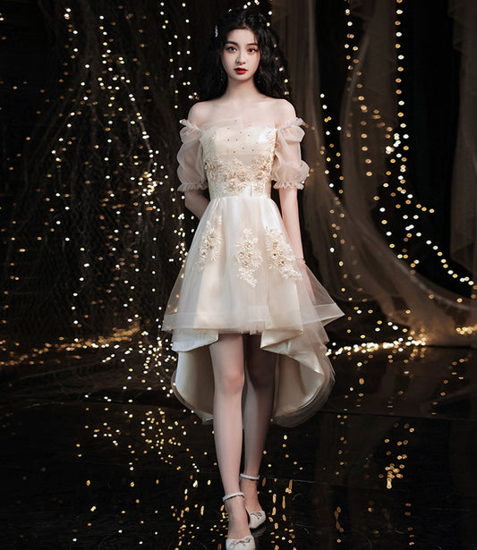 Champagne lace high low prom dress homeciming dress  8911
