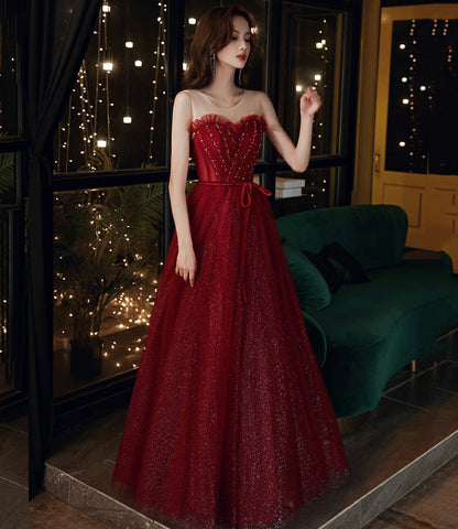 Burgundy tulle sequins long prom dress A line evening dress  10555