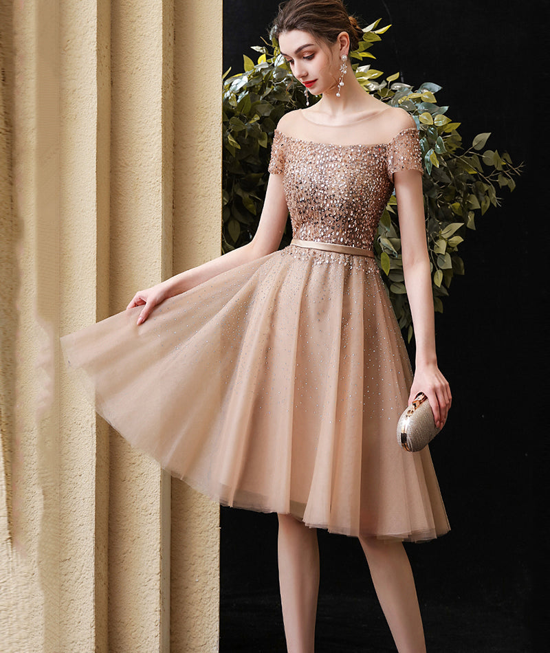 Gold tulle beads short prom dress party dress  8491