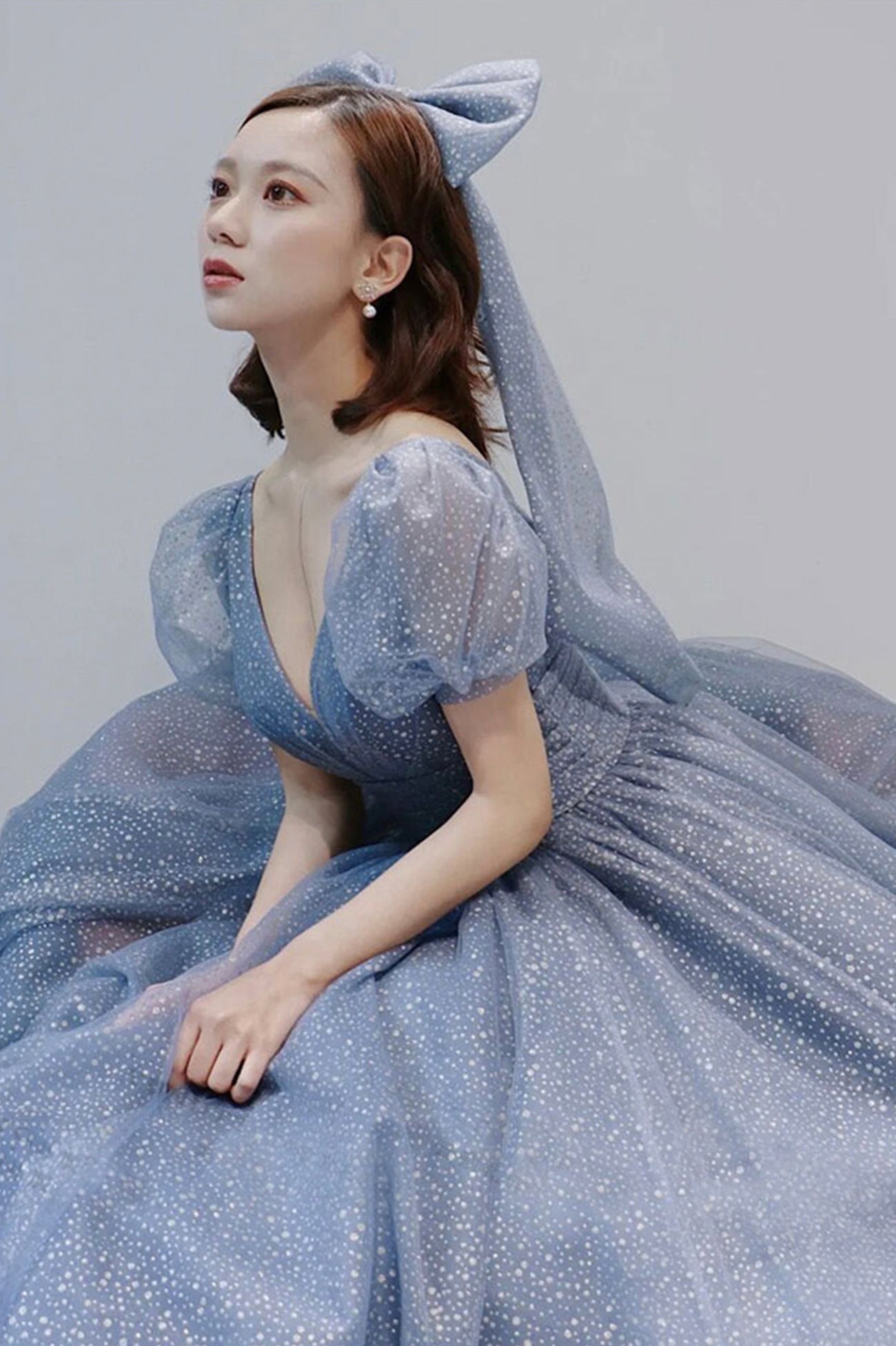 Blue v neck tulle long A line prom dress evening dress  8691