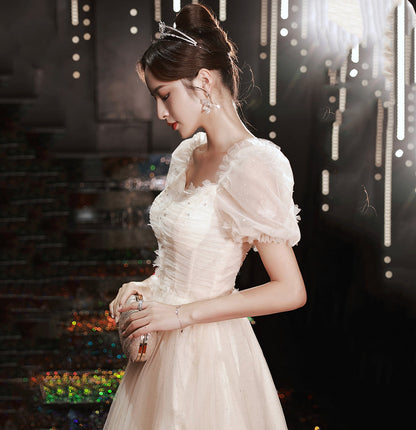 White tulle sequins long prom dress A line evening gown  10035