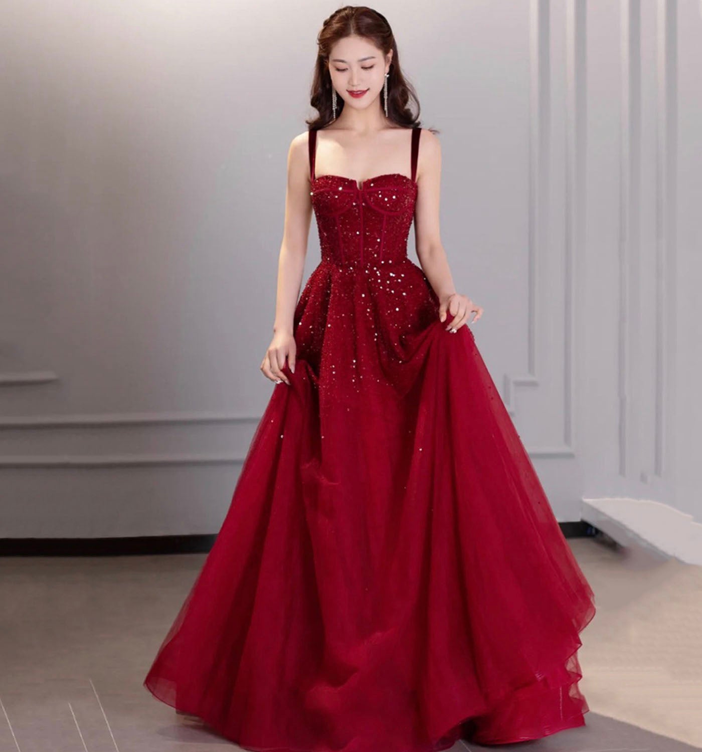 Burgundy sequins long prom dress evening dress  8976