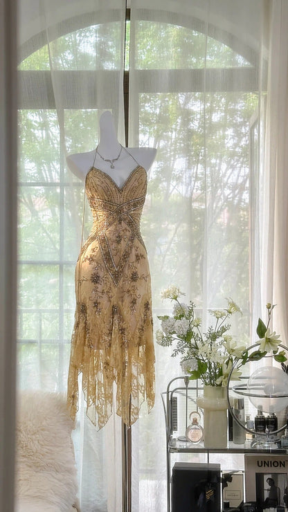 Vintage Sequin Appliques Spaghetti Strap A-line V-neck Irregular Hem Party Dresses Homecoming Dresses, TP3781