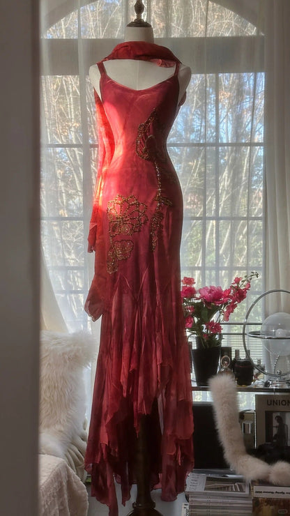 Red Romantic Fashion Elegant Exquisite Lotus Gold Beaded Long Chiffon Fishtail Skirt Mermaid Slim Ball Gown Evening Dress Birthday/Wedding Guest/Holiday Party Dress Prom Dress Valentine's Day Date Dress gh4029