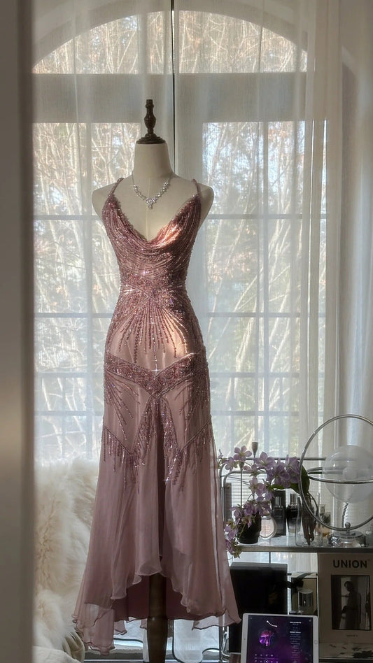 Pink Purple Romantic Fashion Elegant Exquisite Beaded Spaghetti Strap Long Tulle Chiffon Ruffle Ball Gown Evening Gown Party Dress gh4059