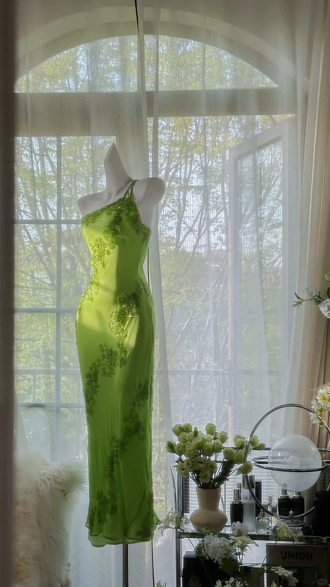 Green gorgeous fashion one shoulder elegant vintage exquisite beaded long chiffon ball gown evening dress birthday party dress prom dress gh3951