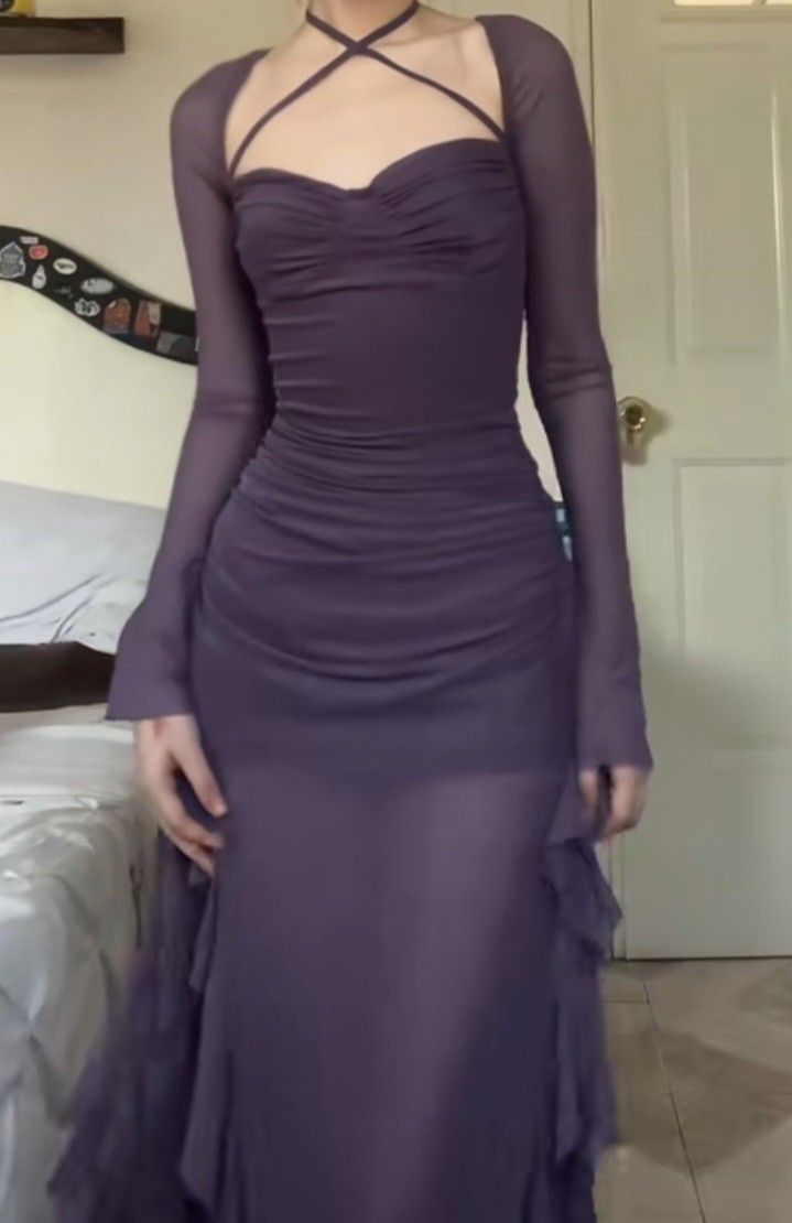 Grape Purple A Line Long Sleeve Ruffle Tulle Homecoming Dress Date Dress Outfits SH3631
