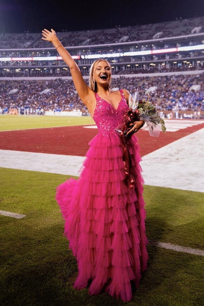 Hot Pink Tulle V Neck A-Line Tulle Tiered Long Prom Dress with Lace Appliques GP565