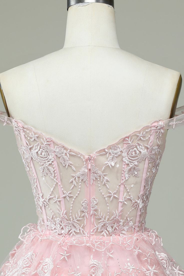 Vintage Pink Floral Embroidery Design A-line Off-the-shoulder Tiered Homecoming Dress TP3418