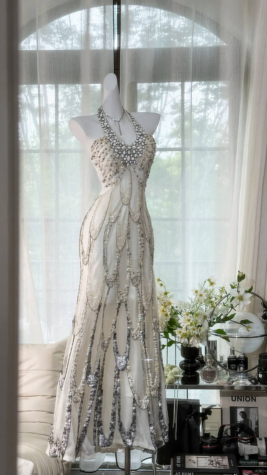 Vestido de noche romántico vintage blanco con cuentas brillantes, largo de gasa con tirantes finos, vestido de fiesta TP3963