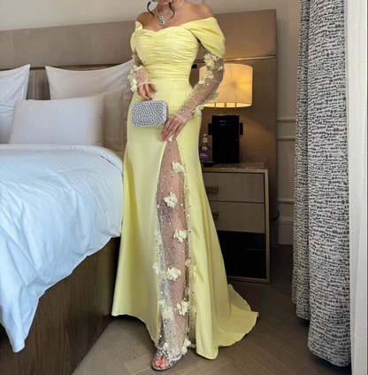Elegante vestido de fiesta amarillo largo con hombros descubiertos, vestido formal para fiesta de boda