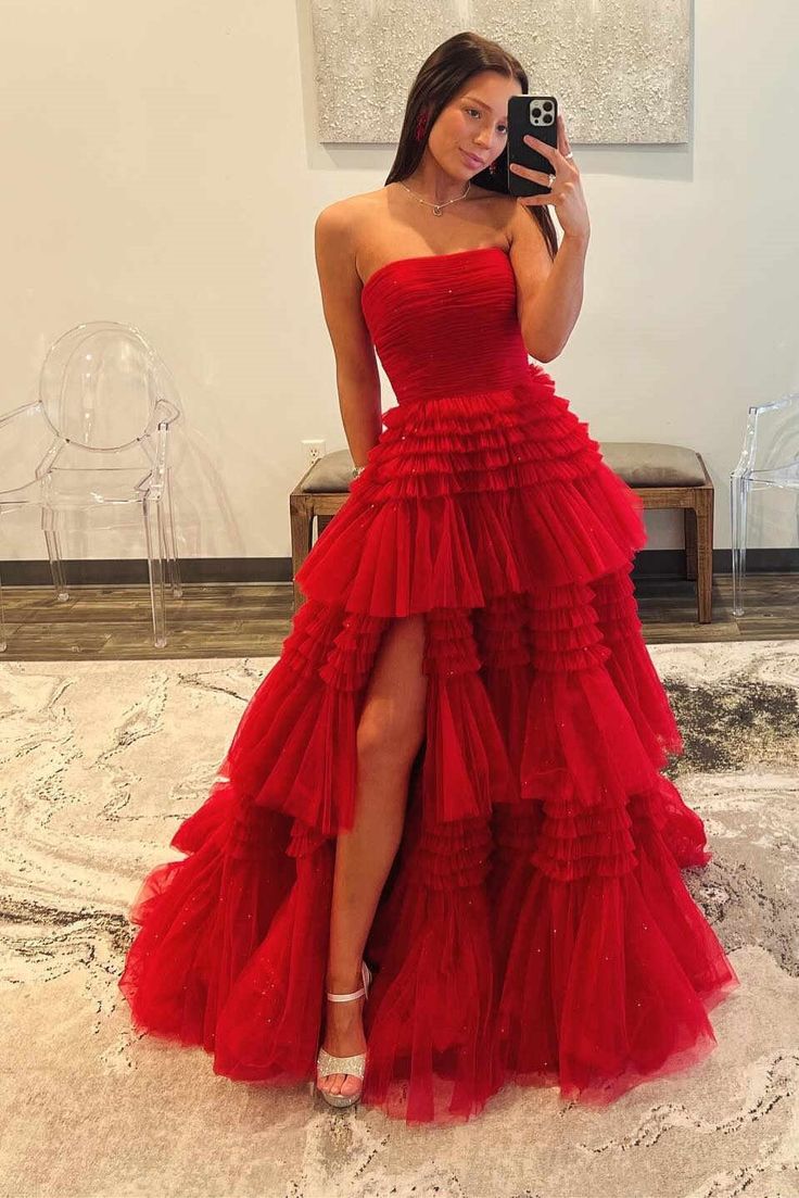 A-Line Strapless Tulle Long Prom Dress with Tiered Ruffles gh2676