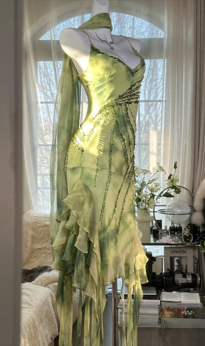 Green A Line Spaghetti Strap Beaded Ruffle Chiffon Short Party Dress Prom Dress SH2612