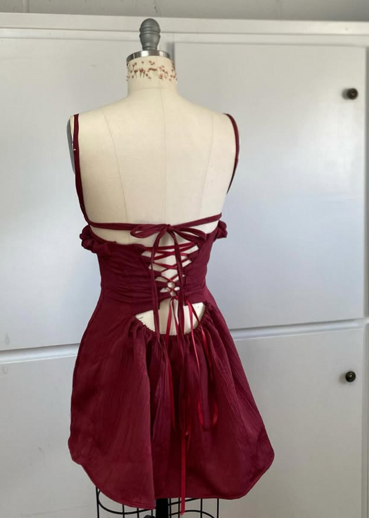 Vintage Burgundy Spaghetti Strap A-line Lace-up Short Party Dresses Homecoming Dresses, TP3777