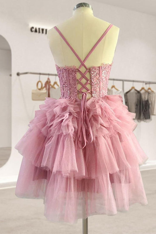 Fashion Pink Corset Tulle Design Spaghetti Strap Tiered Homecoming Dress TP3761