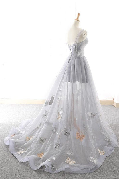 Gray A Line Sweetheart Appliques Tulle Long Prom Dress Evening Dress SH1712