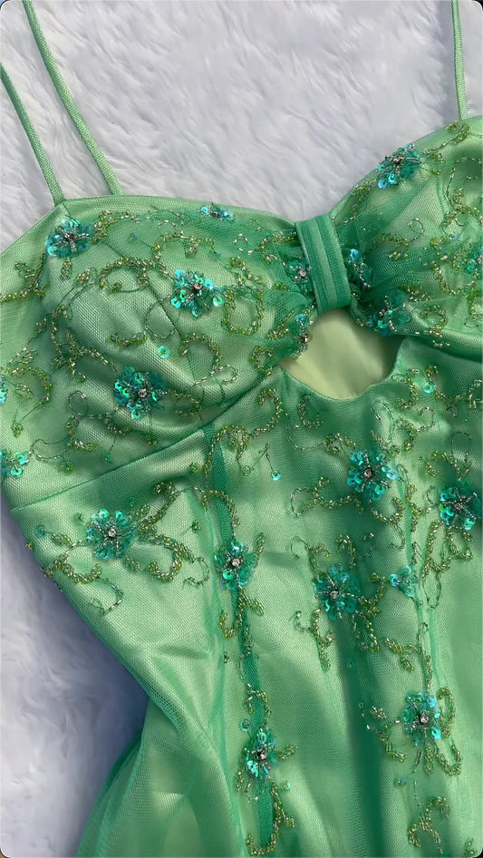 Green Fashion Elegant Delicate Floral Beaded Long Satin Tulle Ball Gown Evening Dress Party Dress Prom Dress gh3703