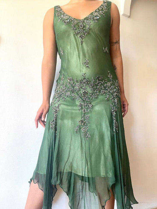 Green Vintage Elegant Delicate Floral  Applique Beaded Long tulle Chiffon Prom Gown Evening Dress Party Dress gh3227