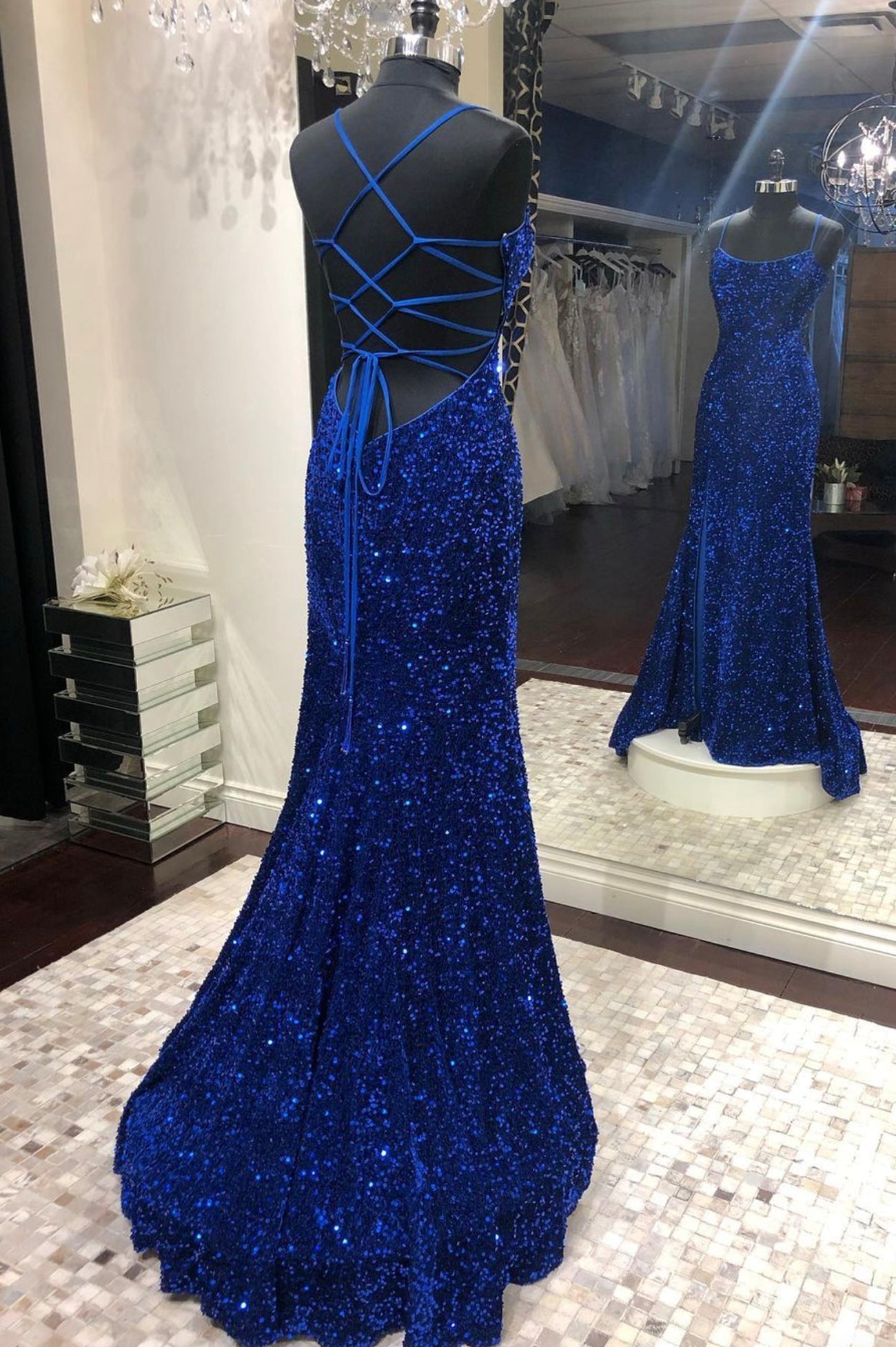 Vestidos de fiesta largos con lentejuelas de sirena, vestidos de noche azul real para bodas formales