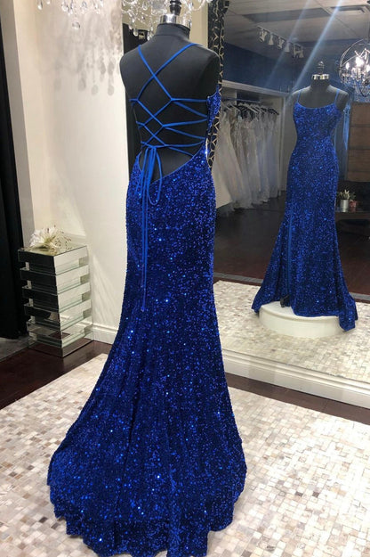 Vestidos de fiesta largos con lentejuelas de sirena, vestidos de noche azul real para bodas formales