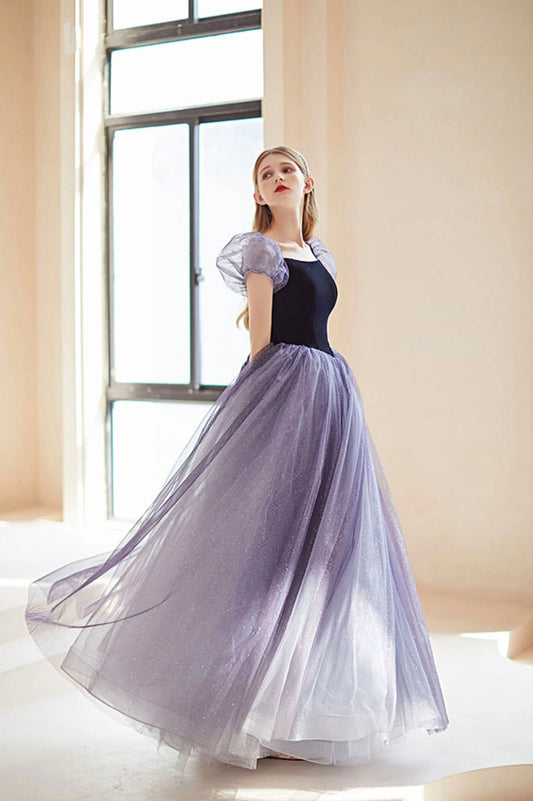 Purple Tulle Long A-Line Prom Dress, Cute Purple Evening Party Dress