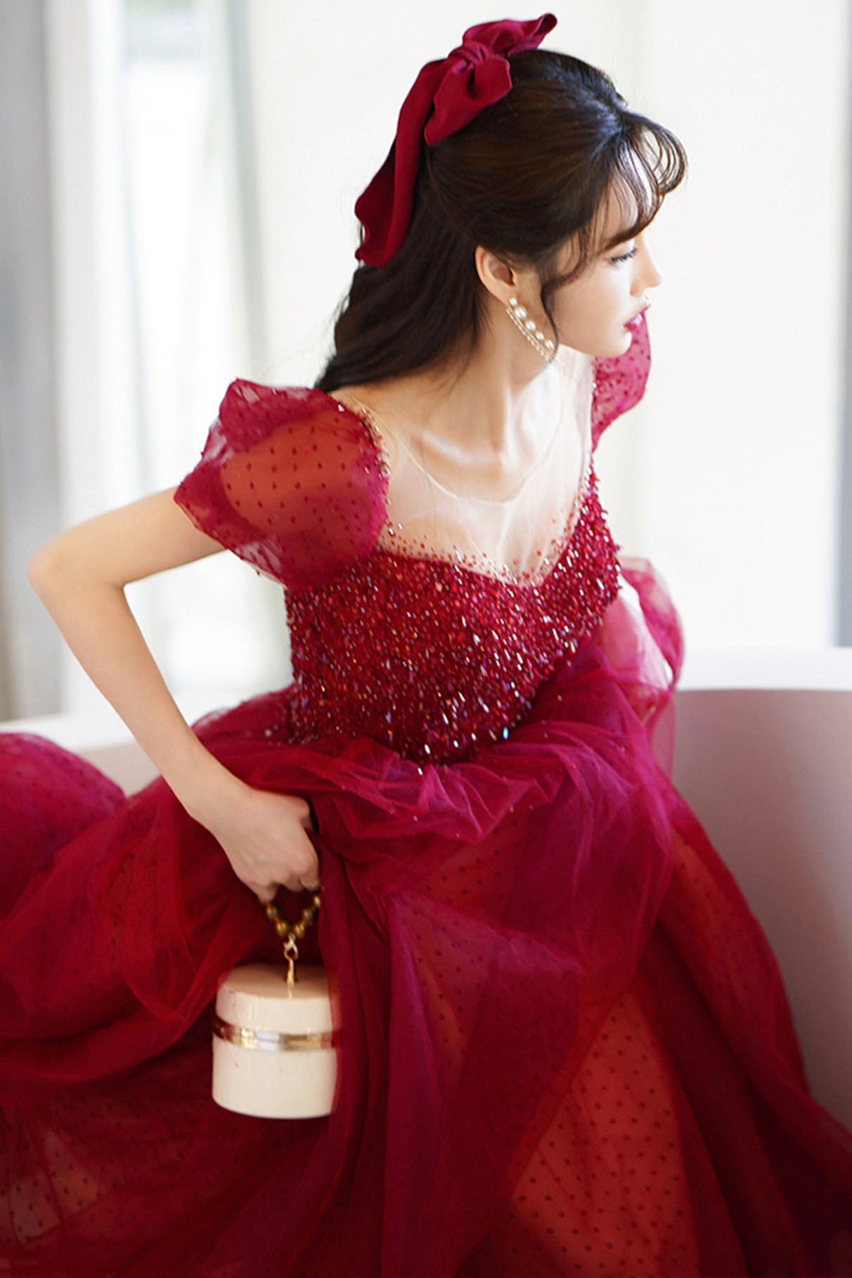Red Scoop Neckline Tulle Long Prom Dress with Sequins, A-Line Formal Evening Dress