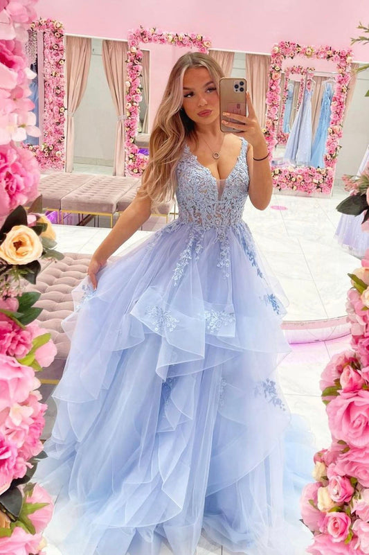 Blue Tulle Long A-Line Prom Dress with Lace