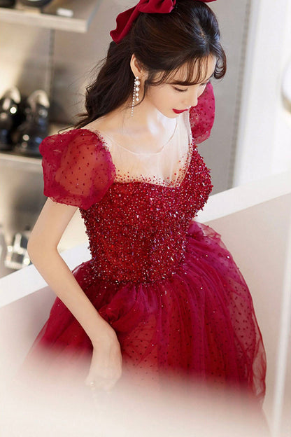 Red Scoop Neckline Tulle Long Prom Dress with Sequins, A-Line Formal Evening Dress