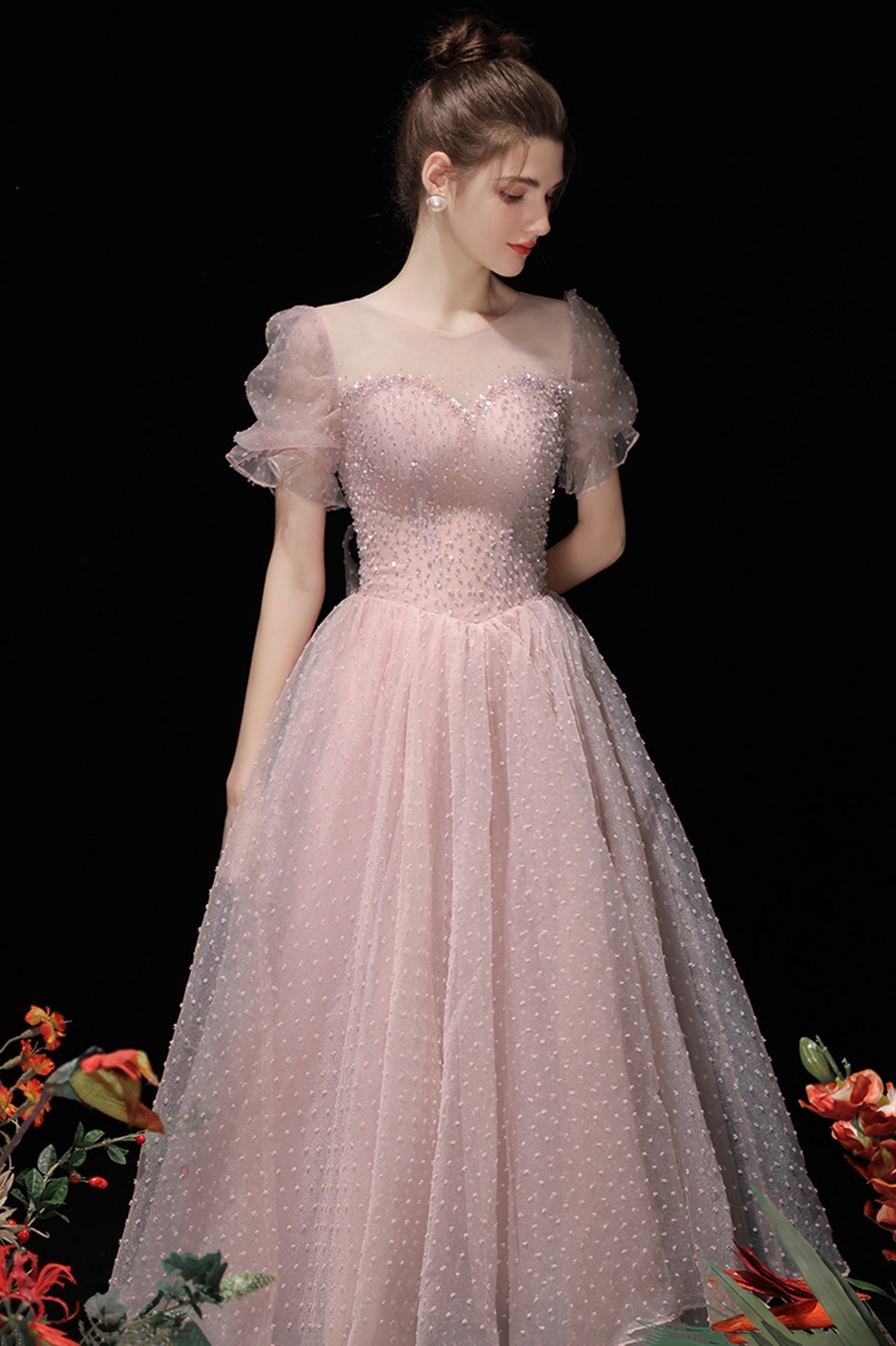 Pink Tulle Short A-Line Prom Dress, Cute Scoop Neckline Homecoming Party Dress