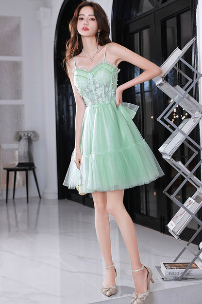 Mint Green Sweetheart Tulle Lace Straps Homecoming Dress, Green Prom Dress