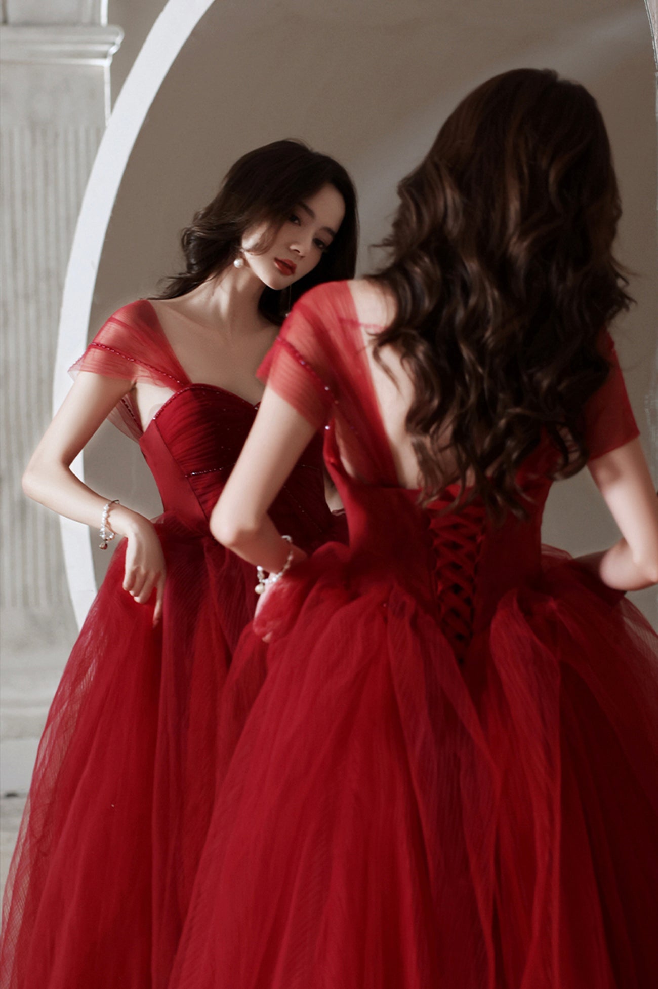 Red Tulle Long A-Line Prom Dress, Off the Shoulder Evening Graduation Dress