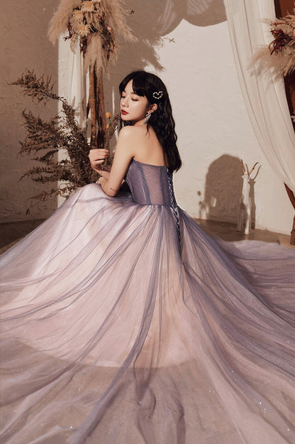 Purple Shiny Tulle Long A-Line Prom Dresses, Cute Strapless Graduation Dresses