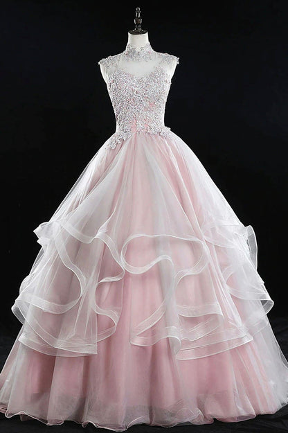 Vestidos de quinceañera largos con encaje de tul rosa