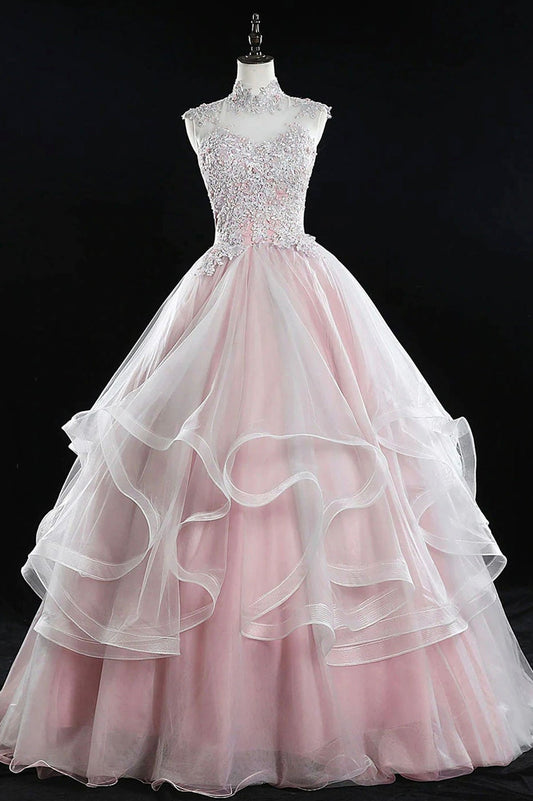 Vestidos de quinceañera largos con encaje de tul rosa