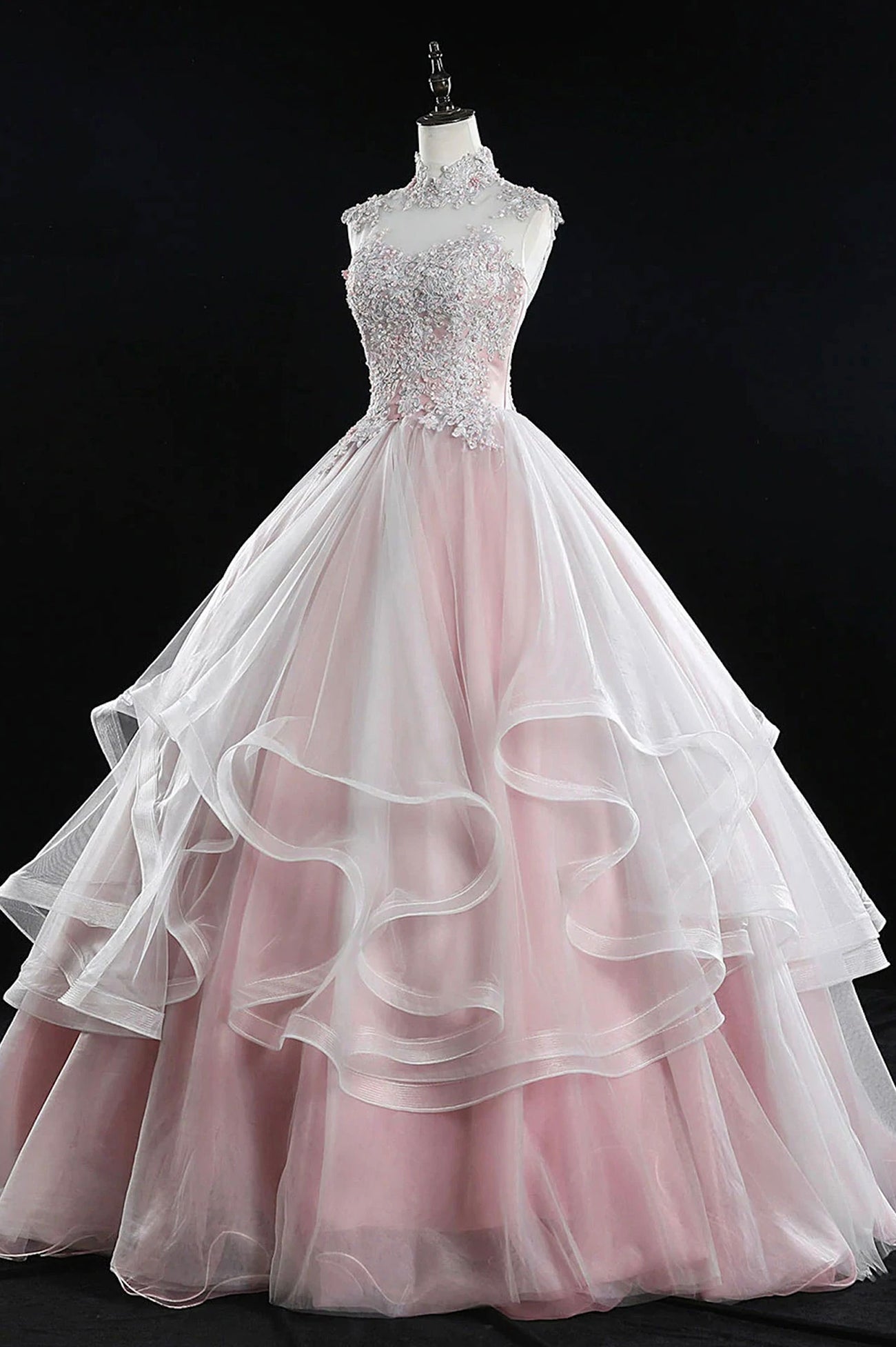 Vestidos de quinceañera largos con encaje de tul rosa