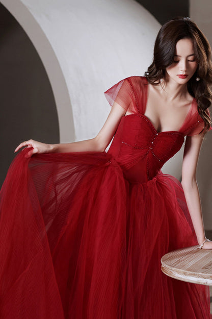Red Tulle Long A-Line Prom Dress, Off the Shoulder Evening Graduation Dress