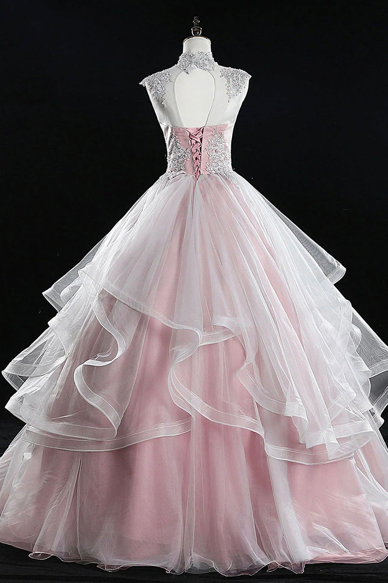 Vestidos de quinceañera largos con encaje de tul rosa