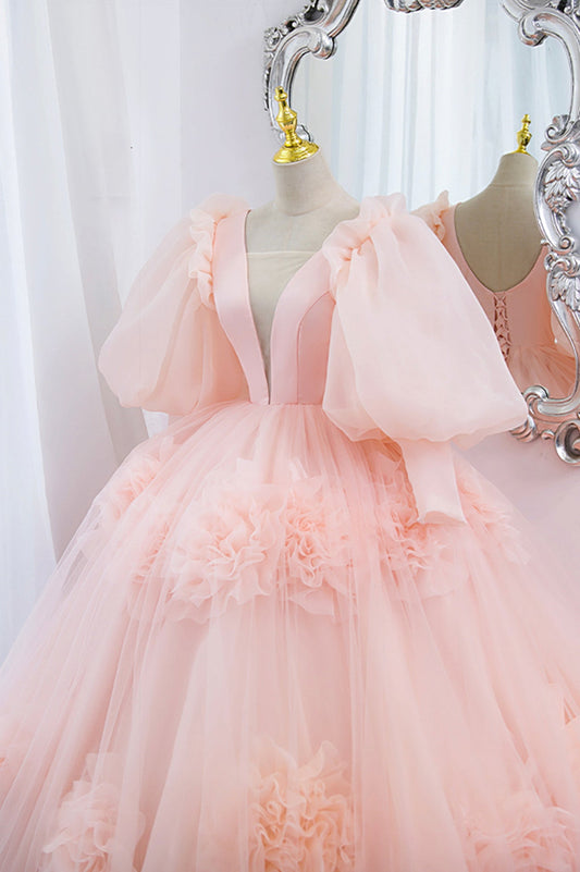 Pink V-Neck Tulle Long Prom Dress, A-Line Puff Sleeve Princess Dress