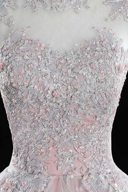 Vestidos de quinceañera largos con encaje de tul rosa