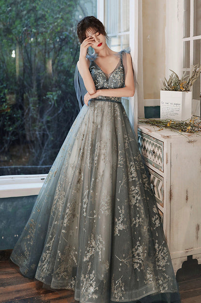 Gray V-Neck Tulle Long Prom Dress with Sequins, A-Line Graduation Dress